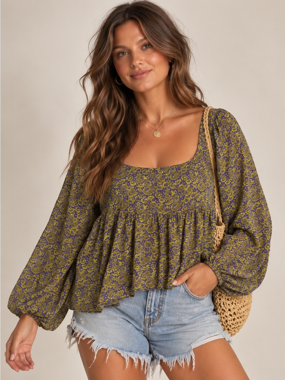 ABOUND • green and purple floral print smock top with balloon puff sleeves